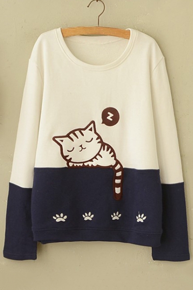 Cartoon Sleeping Cat Print Color Block Long Sleeve Round Neck Sweatshirt