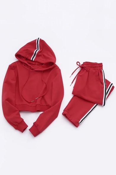 Casual Sports Striped Pattern Side Cropped Long Sleeve Hoodie with Loose Pants