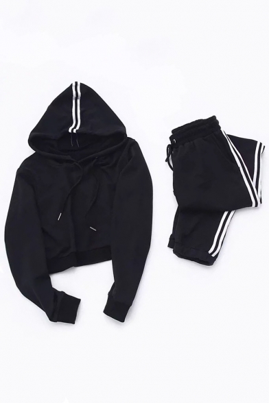 Casual Sports Striped Pattern Side Cropped Long Sleeve Hoodie with Loose Pants
