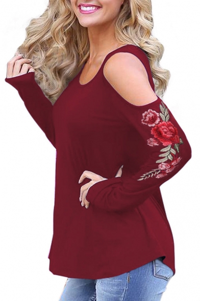 Chic Floral Embroidered Long Sleeve Cold Shoulder Round Neck Pullover T-Shirt