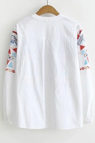 Chic Geometric Embroidered V Neck Long Sleeve Casual Pullover Blouse