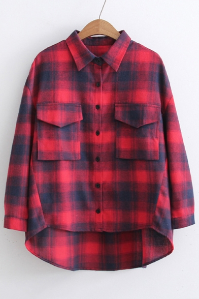 Classic Plaids Printed Lapel Collar Long Sleeve Dipped Hem Buttons Down Shirt with Pockets