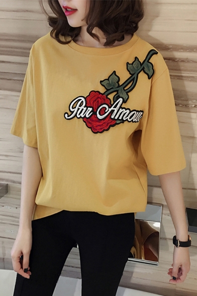 Color Block Floral Embroidered Round Neck Half Sleeve Tee in Loose Fit