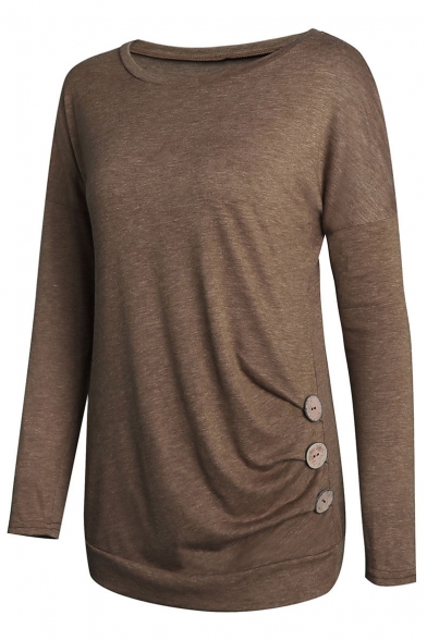 Fashion Buttons Embellished Side Long Sleeve Round Neck Plain T-Shirt