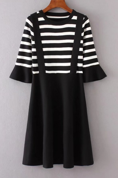 Fashion Color Block Layered Round Neck 3/4 Length Sleeve A-Line Knit Dress