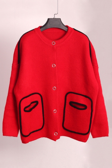 Fashion Color Block Pockets Round Neck Long Sleeve Buttons Down Cardigan