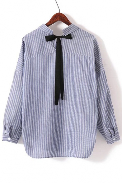 Fashion Tied Back Lapel Collar Long Sleeve Striped Printed Pullover Blouse