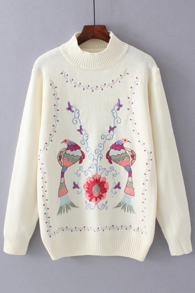 Mock Neck Long Sleeve Chic Floral Birds Embroidered Pullover Sweater