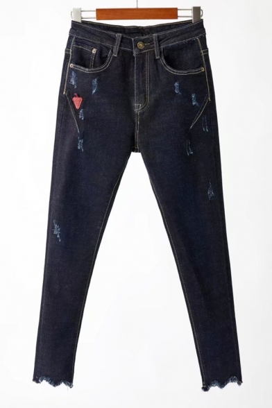 New Arrival Fashion Ripped Wave Fringe Hem Skinny Jeans Pants