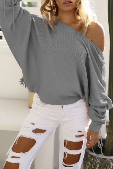 New Arrival Fashion Sexy One Shoulder Long Sleeve Simple Plain Sweater