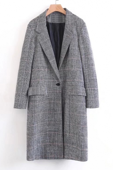 Notched Lapel Collar Long Sleeve Classic Plaids Print Long Blazer Coat with Single Button