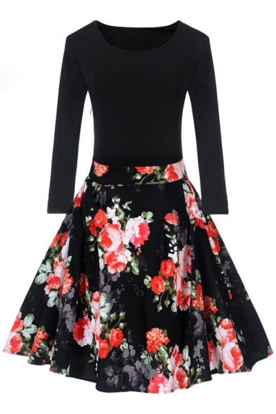 Retro Floral Pattern Round Neck Long Sleeve Midi Fit Flare Dress