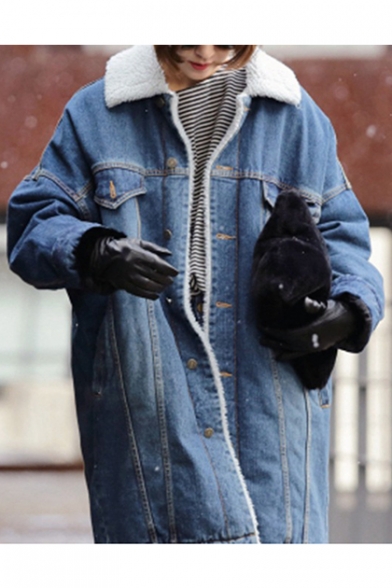 Winter's New Fashion Lapel Collar Long Sleeve Buttons Down Warm Wool Denim Coat