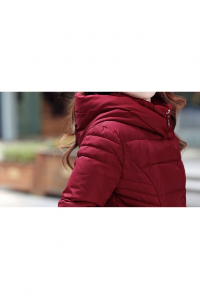 Winter's Warm Slim Hooded Long Sleeve Basic Simple Plain Buttons Down Padded Coat
