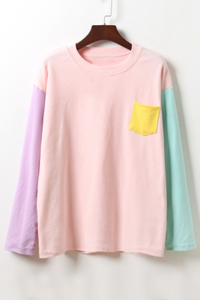 Basic Round Neck Long Sleeve Color Block Pullover T-Shirt with Single Pocket