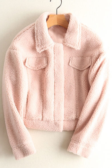 Basic Simple Plain Warm Lapel Collar Long Sleeve Lamb Wool Coat with Pockets