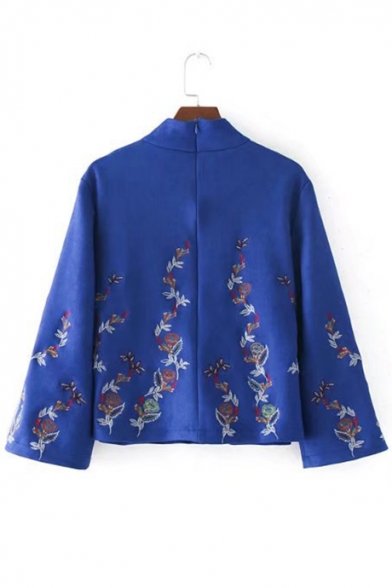 Chic Floral Embroidered Mock Neck 3/4 Sleeve Loose Leisure Pullover Blouse