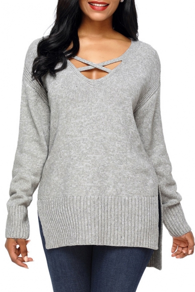 Crisscross V Neck Long Sleeve Basic Simple Plain Dipped Hem Sweater