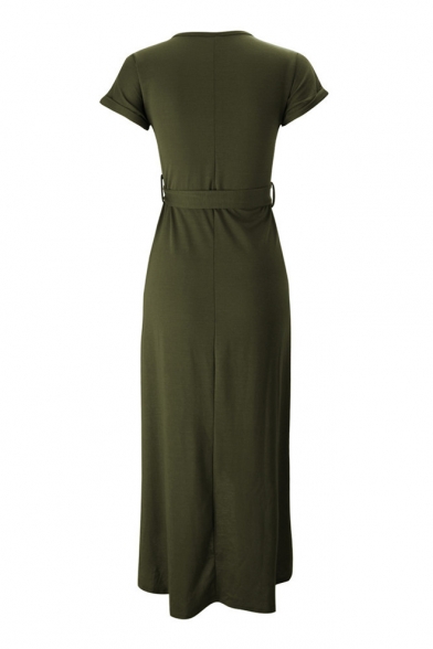 Elegant Round Neck Short Sleeve Belt Waist Plain Asymmetric Dress