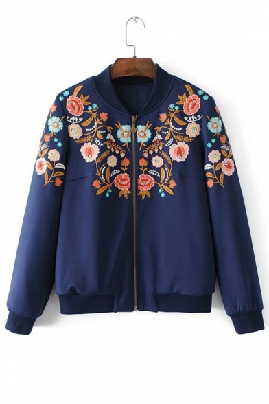 Fashion Floral Embroidered Stand-Up Collar Long Sleeve Zip Up Jacket