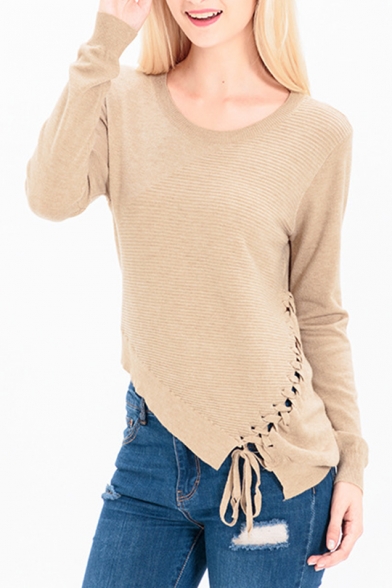 Fashion Lace-Up Asymmetrical Hem Long Sleeve Round Neck Plain Pullover Sweater