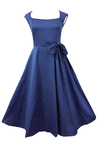 Hot Fashion Vintage Fashion Bow Waist Basic Plain Square Neck Sleeveless Midi Flared Dress