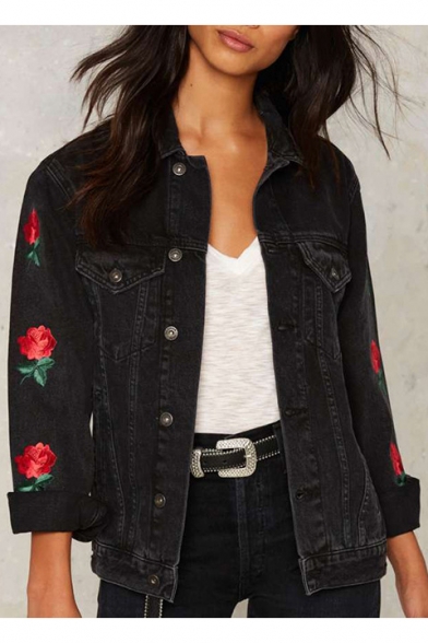 Lapel Button Down Rose Embroidered Long Sleeve Denim Jacket