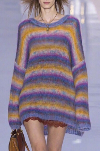 New Arrival Chic Rainbow Striped Pattern Round Neck Long Sleeve Mohair Sweater