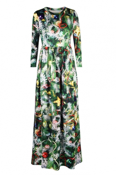 New Arrival Fashion Christmas Trees Pattern Round Neck Long Sleeve Maxi Dress