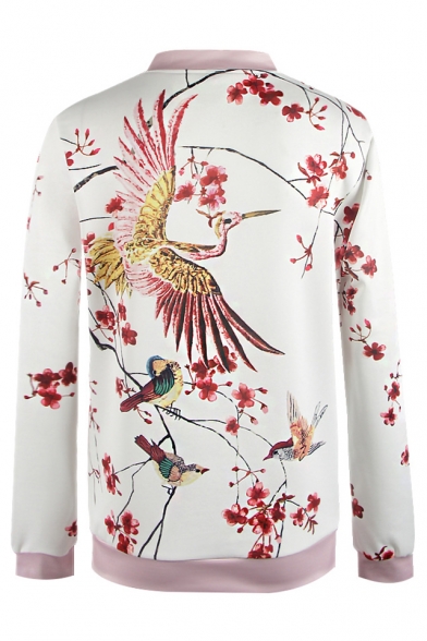 New Collection Chic Floral Crane Pattern Stand-Up Collar Zip Up Jacket