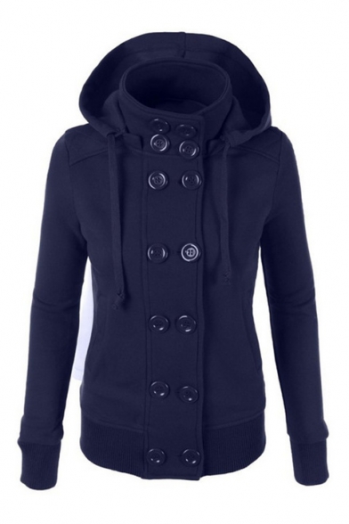 New Trendy Hot Fashion Long Sleeve Hooded Double Breasted Plain Coat