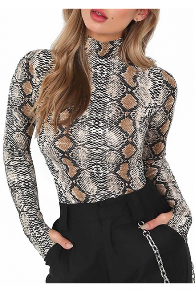 

New Trendy Stylish Snake Pattern High Neck Long Sleeve Slim Bodysuit, LC449902