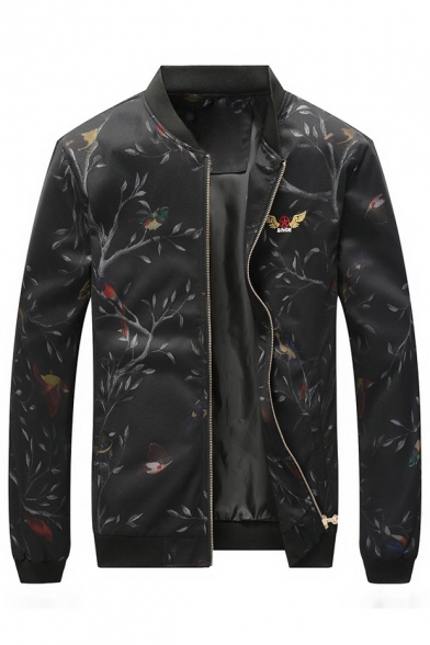Retro Bird Tree Pattern Stand-Up Collar Long Sleeve Zip Up Jacket
