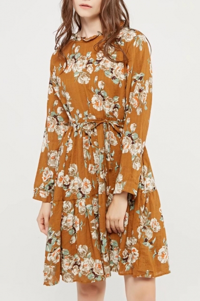 Round Neck Long Sleeve Chic Floral Pattern Midi Elegant A-Line Dress