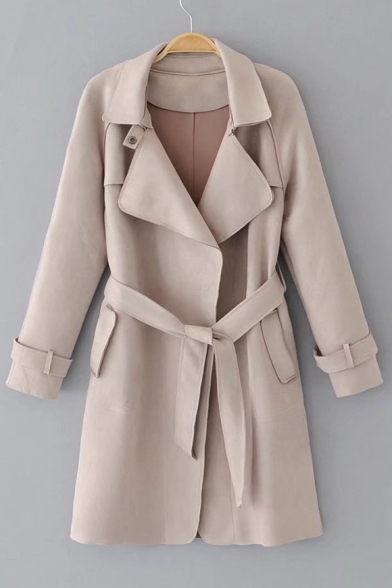 Simple Plain Basic Long Sleeve Notched Lapel Collar Suede Chic Trench Coat