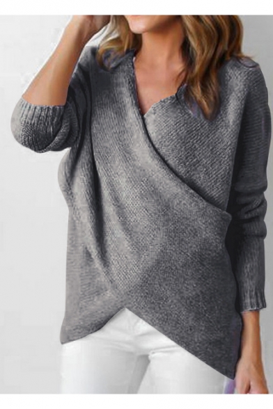 V-Neck Crisscross Front Long Sleeve Plain Pullover Sweater