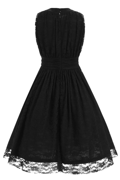 Chic Lace Inserted Simple Plain Round Neck Sleeveless Midi Fit Flared Dress