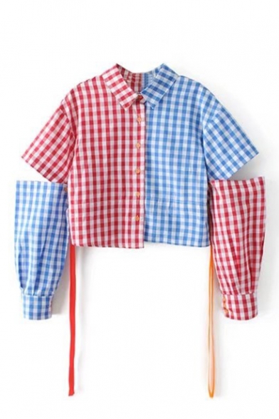 Color Block Lapel Grid Detachable Sleeve Crop Shirt