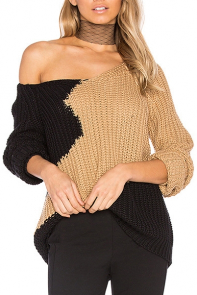 Color Block Panel V Neck Long Sleeve Pullover Sweater