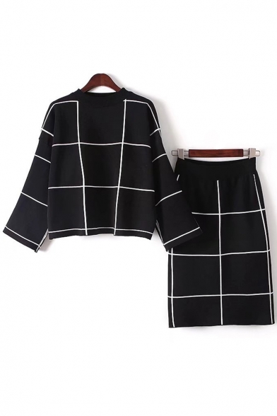Color Block Plaids Print Long Sleeve Round Neck Sweater with Midi Pencil Skirt