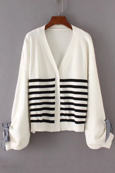 Fashion Bow Tied Cuff Striped Printed V Neck Long Sleeve Buttons Down Cardigan