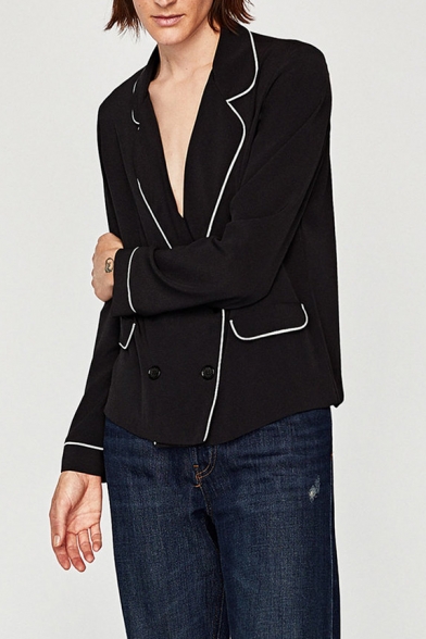 Fashion Color Block Notched Lapel Collar Long Sleeve Double Breasted Shirt