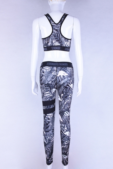 Fashion Crane Leaf Pattern Casual Sports Cropped Tank Top with Elastic Waist Skinny Pants