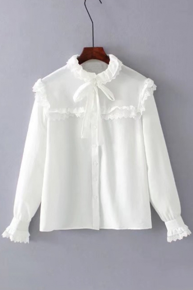 Fashion Stringy Selvedge Long Sleeve Round Neck Simple Plain Buttons Down Chiffon Shirt