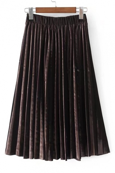 High Rise Elastic Waist Basic Plain Midi A-Line Pleated Skirt