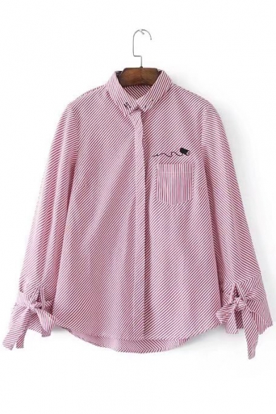 Letter Embroidered Grommet Detail Lapel Stripe Long Sleeve Shirt with Chest Patch Pocket