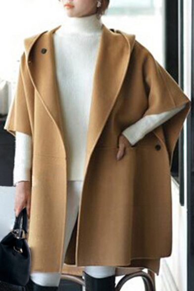 Loose Oversize Basic Simple Plain Hooded Half Sleeve Casual Cape Coat