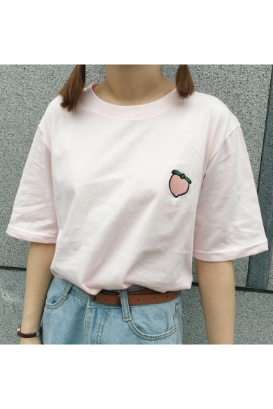 Lovely Fruits Embroidered Short Sleeve Round Neck Loose Pullover T-Shirt