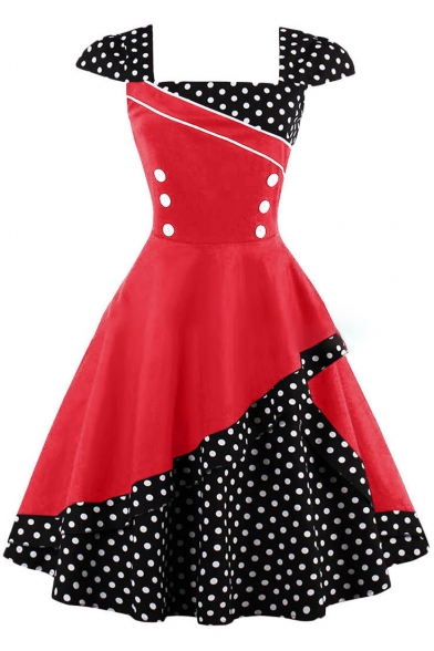 New Fashion Vintage Square Neck Cap Sleeve Color Block Polka Dot Print Flared Dress