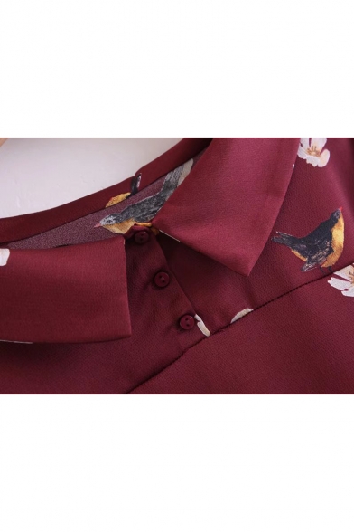 New Trendy Fashion Floral Bird Pattern Boat Neck Long Sleeve Pullover Blouse